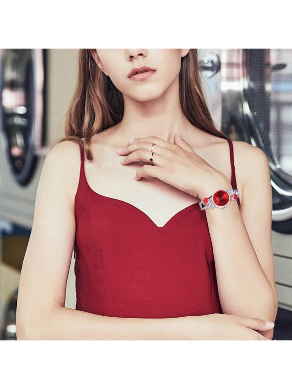 Women's Red Quartz with Rhinestone Round Dial Stainless Steel Band Cuff Watch - Picture 2 of 6